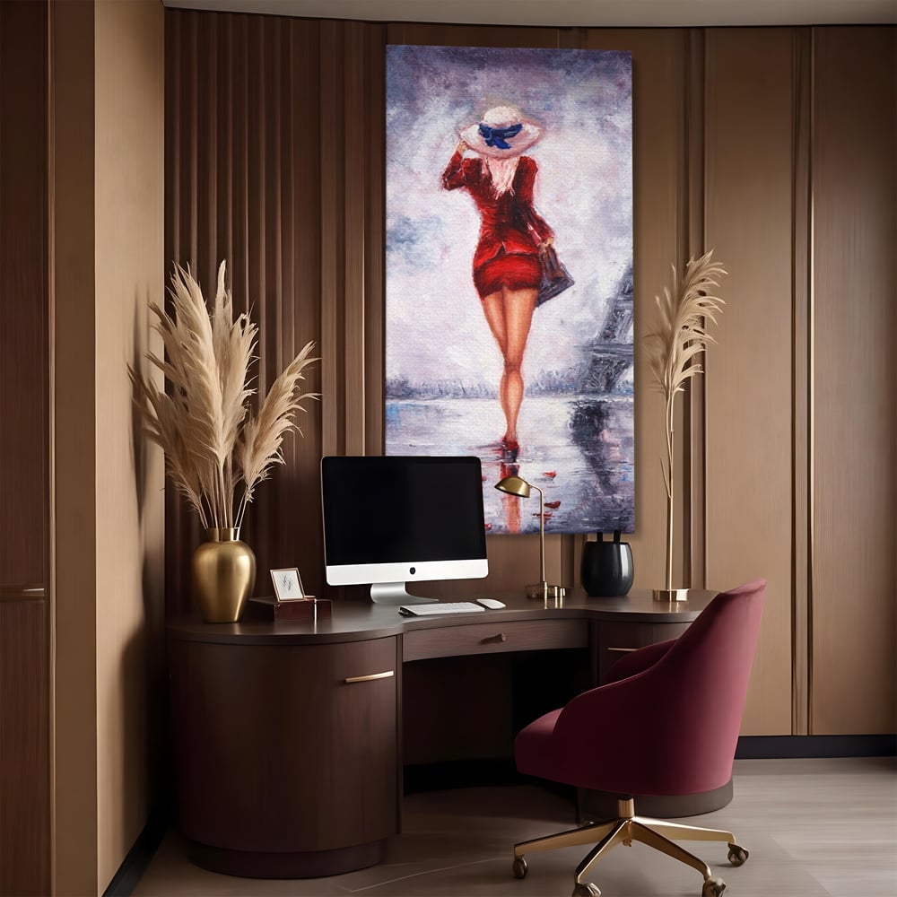 Tablou canvas cu pictura cu femeie in rochie rosie, fara rama, pe sasiu de lemn, pe perete intr-un birou
